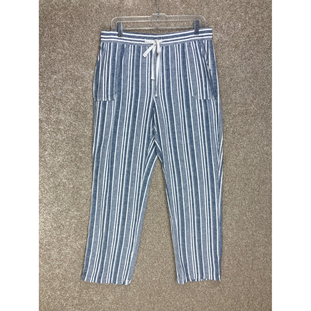 Cato Linen Striped Pull On Pants Womens L Blue White Coastal Summer Relaxed Chic